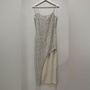 NWOT Silver Sequin Asymmetrical Evening Dress Size L